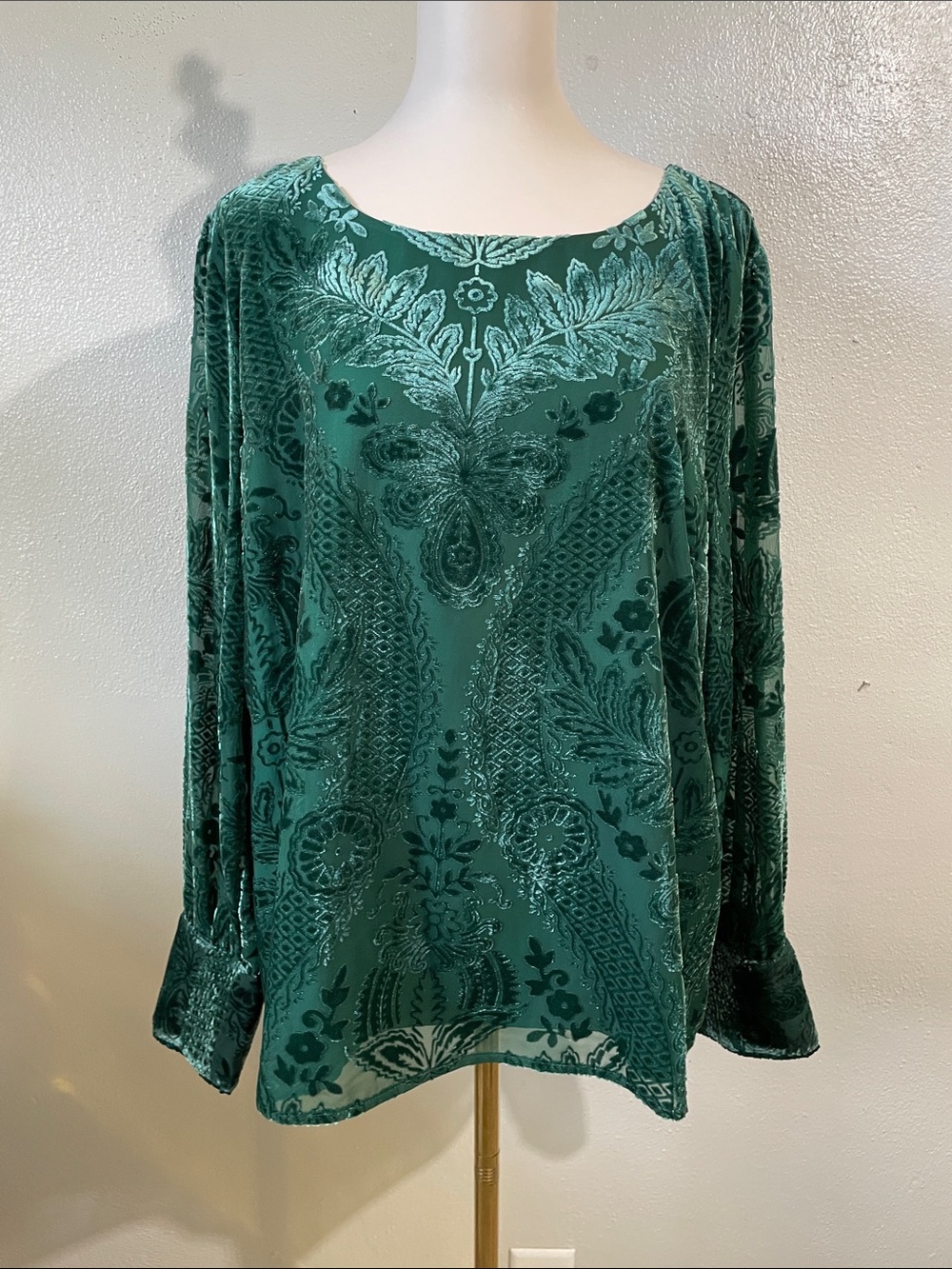 Soft Surroundings Velvet Burnout Paisley Holiday Top Emerald Green XL Longsleeve